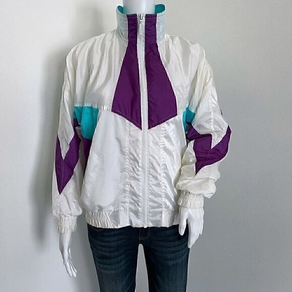 Vintage Puma Machts Mit Qualitat Women's Windbreaker Jacket Size M White Purple - Picture 1 of 8